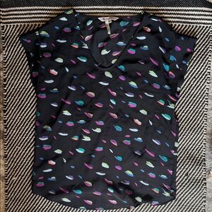 BCBGeneration Black V-Neck Top with Multicolor Brushstroke Print